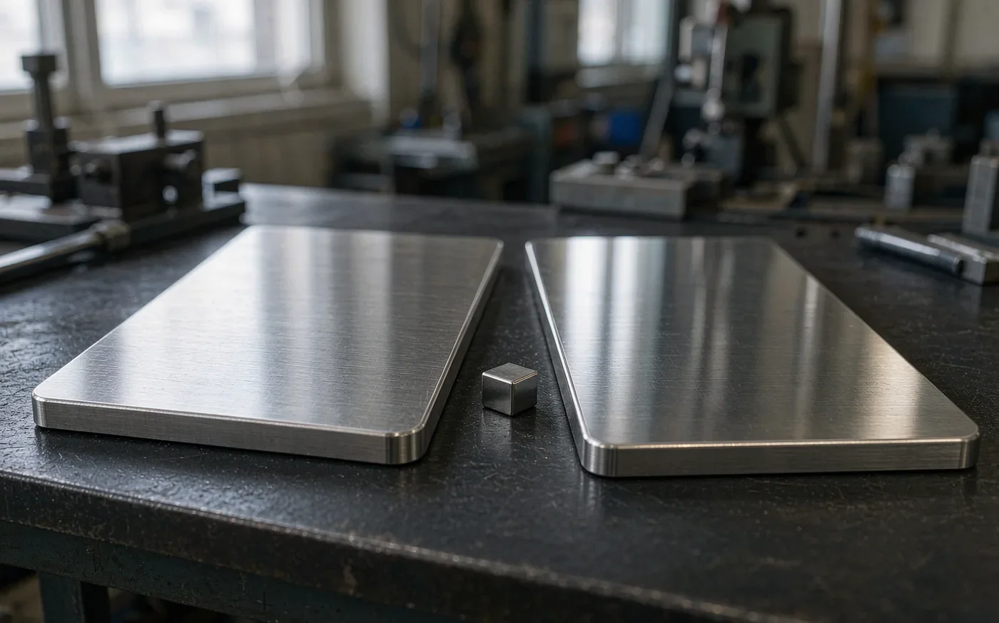 Two stainless steel sample plates compared side by side on a workshop table