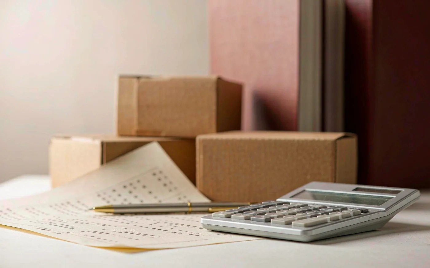 Proforma invoice, calculator and pen on a sourcing desk with shipping documents