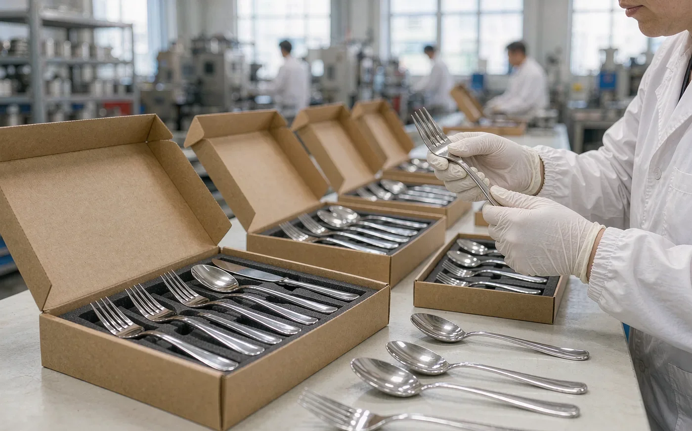 Stainless steel cutlery sets in kraft gift boxes on a factory inspection table