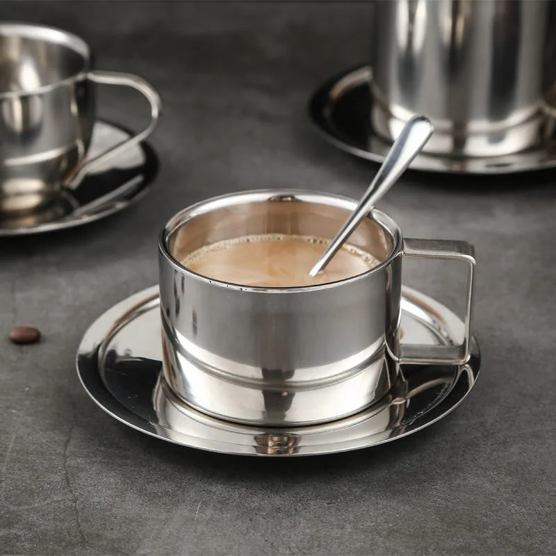 Stainless Coffee Cup & Saucer with Spoon