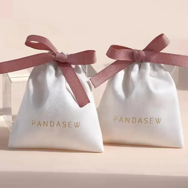 White Velvet Gift Pouches — Ribbon Bow OEM
