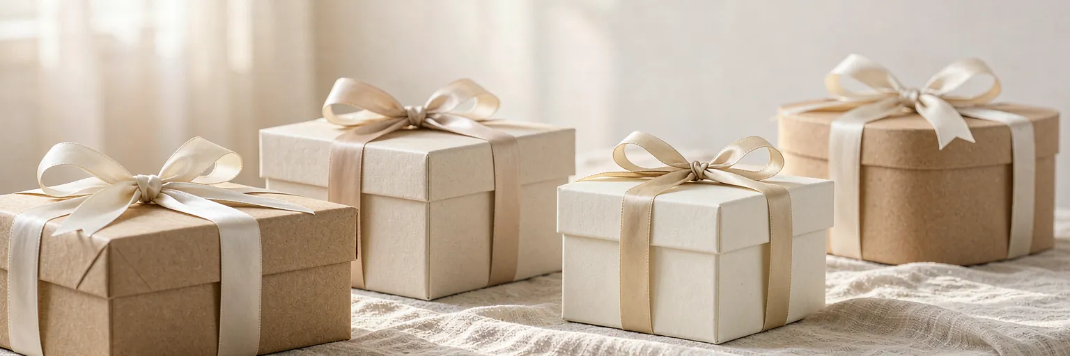 Premium gift boxes wrapped with satin ribbons on linen