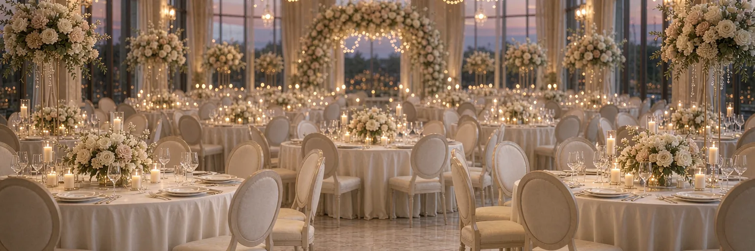 Elegant wedding reception ballroom with floral arrangements, chandeliers and candlelight
